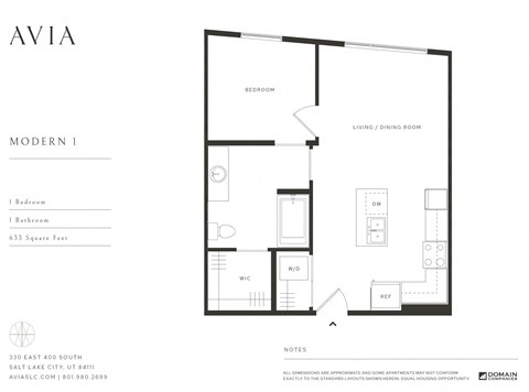 Floor plan for 1 bed, 1 bath, 633 sqft